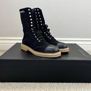 CHANEL Black and Tan Lace-Up Combat Boots
